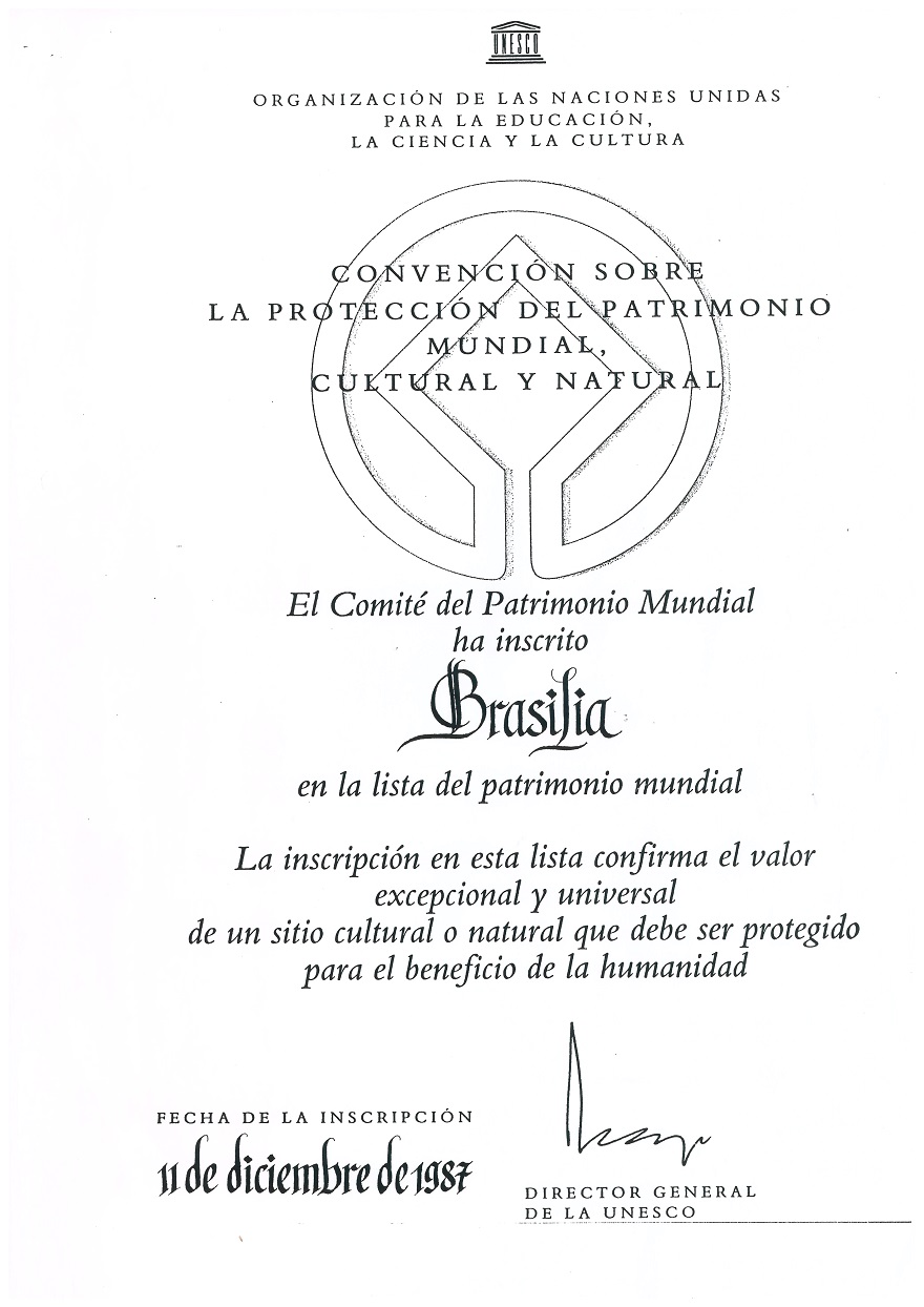 Carta do Comitê de Patrimônio Mundial da Unesco que insere Brasília na lista de Patrimônio Mundial em 11 de dezembro de 1987