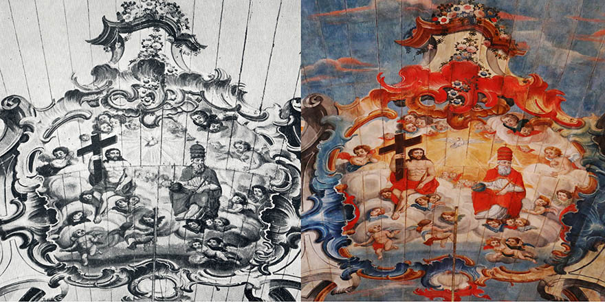 Antes e depois da pintura do forro da nave da Basílica de Congonhas (MG)